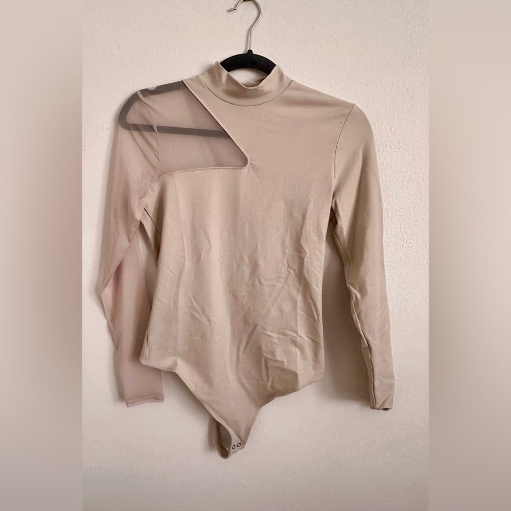 Abercrombie & Fitch Tan Asymmetrical Cut Out mesh Bodysuit